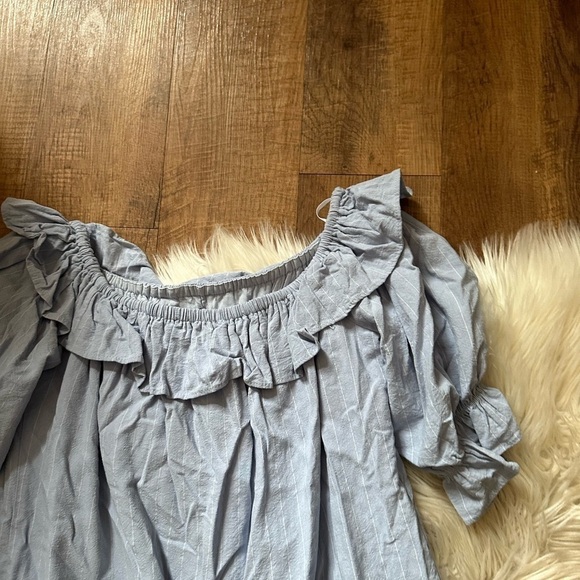 LULU’S Seeing You Smile Light Blue Striped Off The Shoulder Shift Dress - Picture 3 of 4